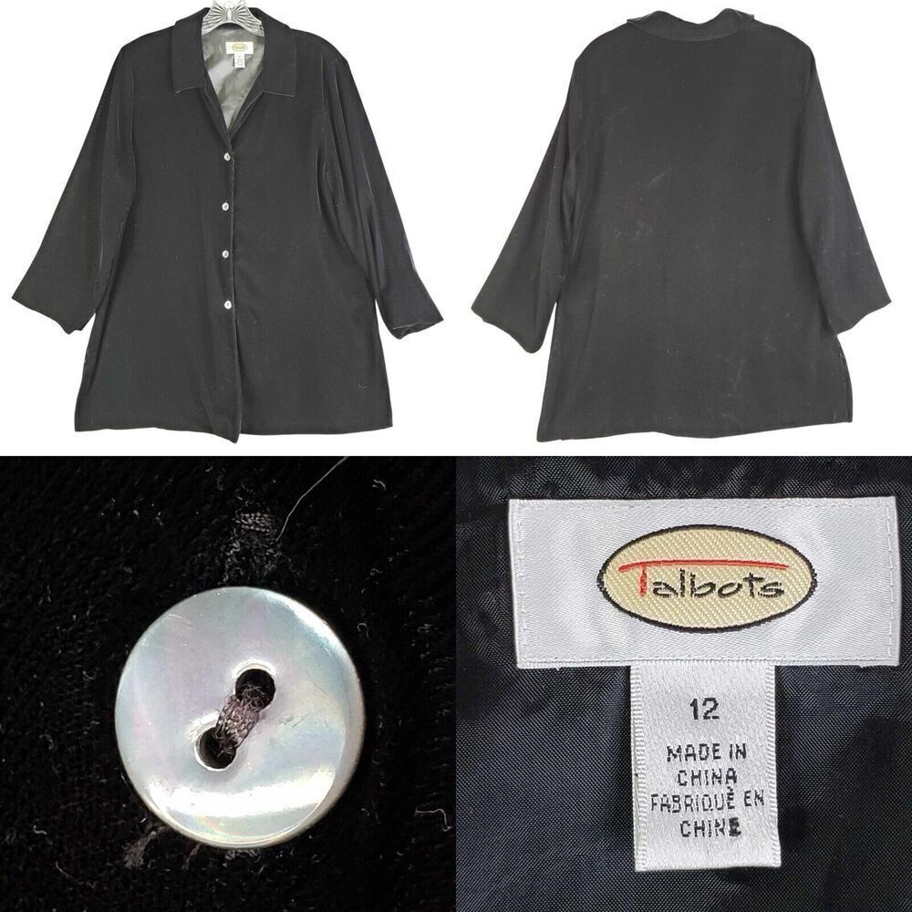 Talbots Shirt Women’s Button Up Size 12 Large L Black Crushed Velvet Long Sleeve